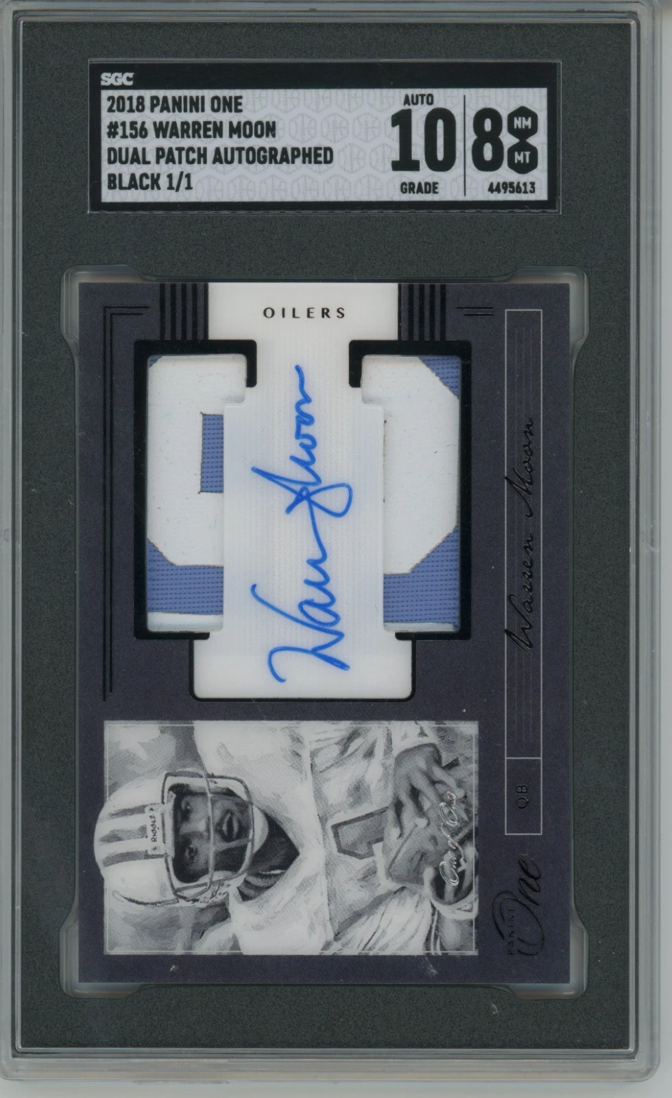 2018 Panini One #156 Warren Moon Dual Patch Auto 10 Black 1/1 Oilers Game used