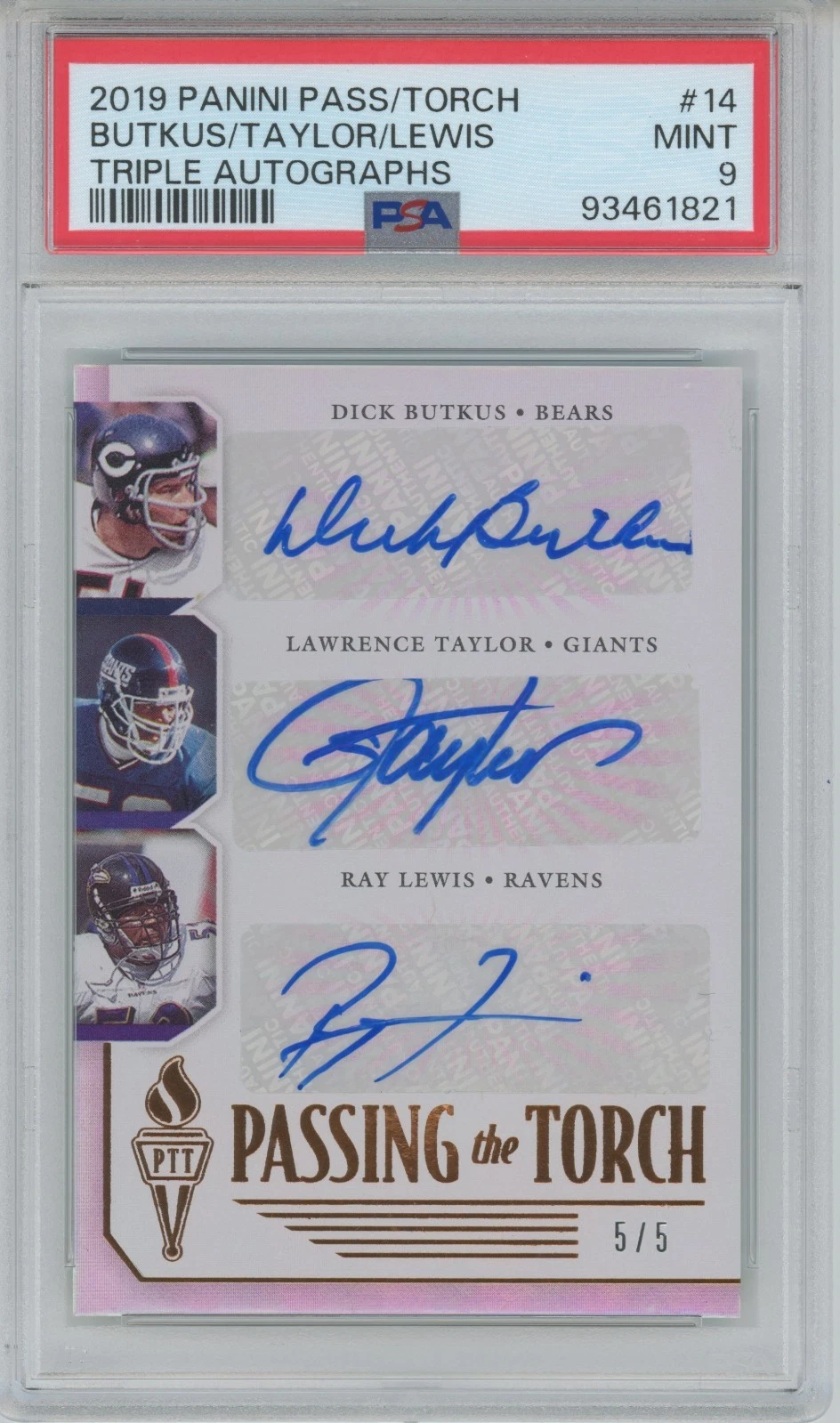 2019 Panini Pass/Torch Butkus/Taylor/Lewis Triple Auto PSA Mint 8 #5/5
