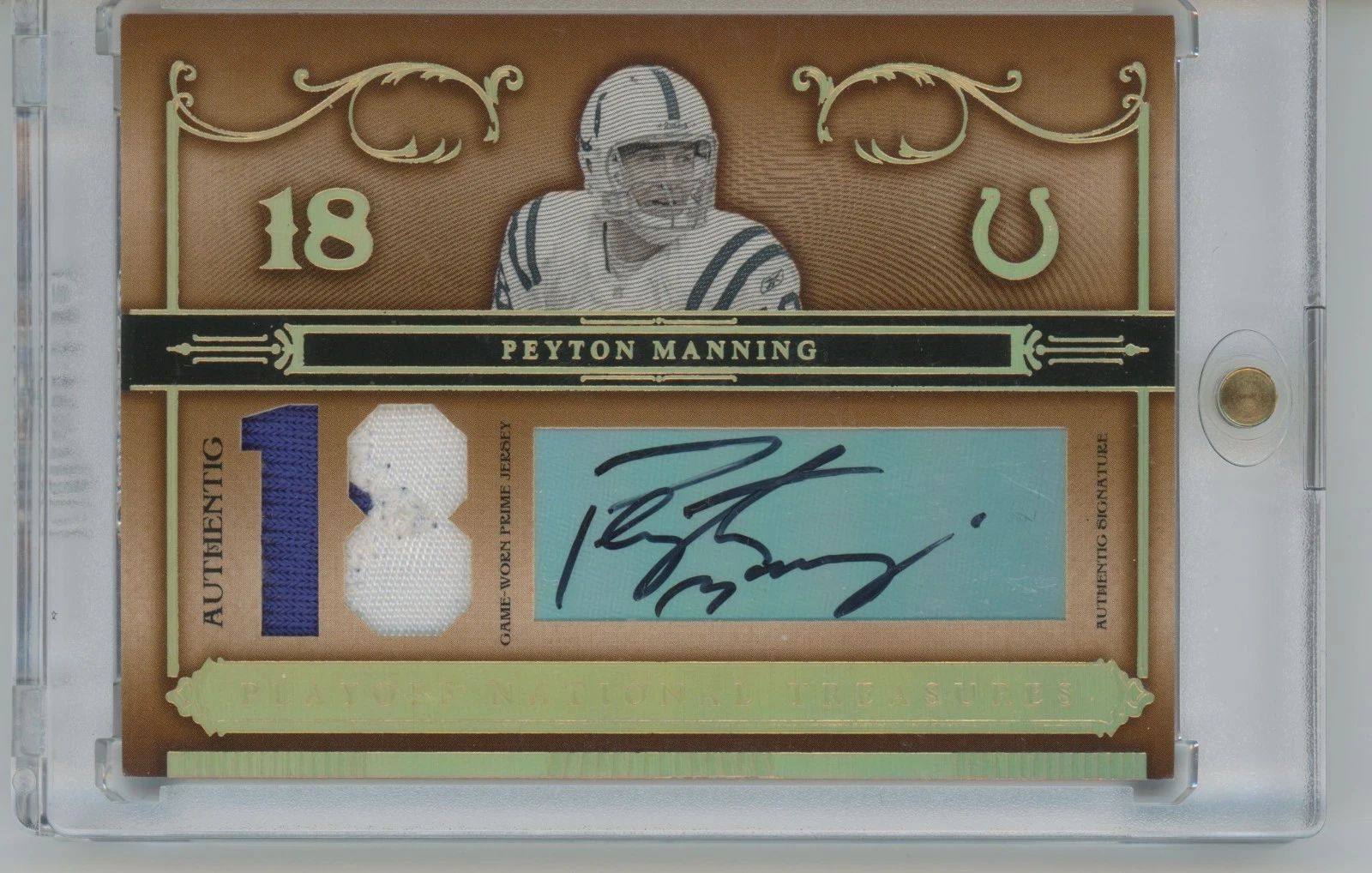 2007 Playoff National Treasures Peyton Manning Gold Signatures #/18 Game Jersey