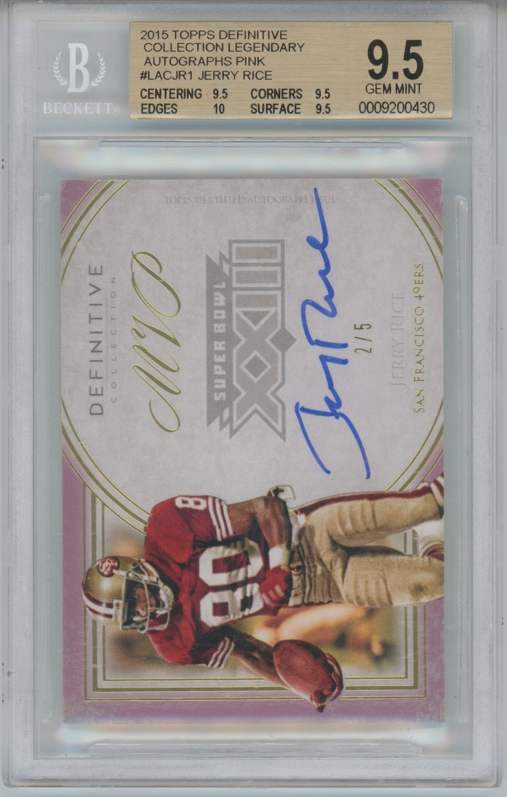 2015 Topps Definitive Collection Legendary Jerry Rice Pink Auto Gem 9.5 02/05