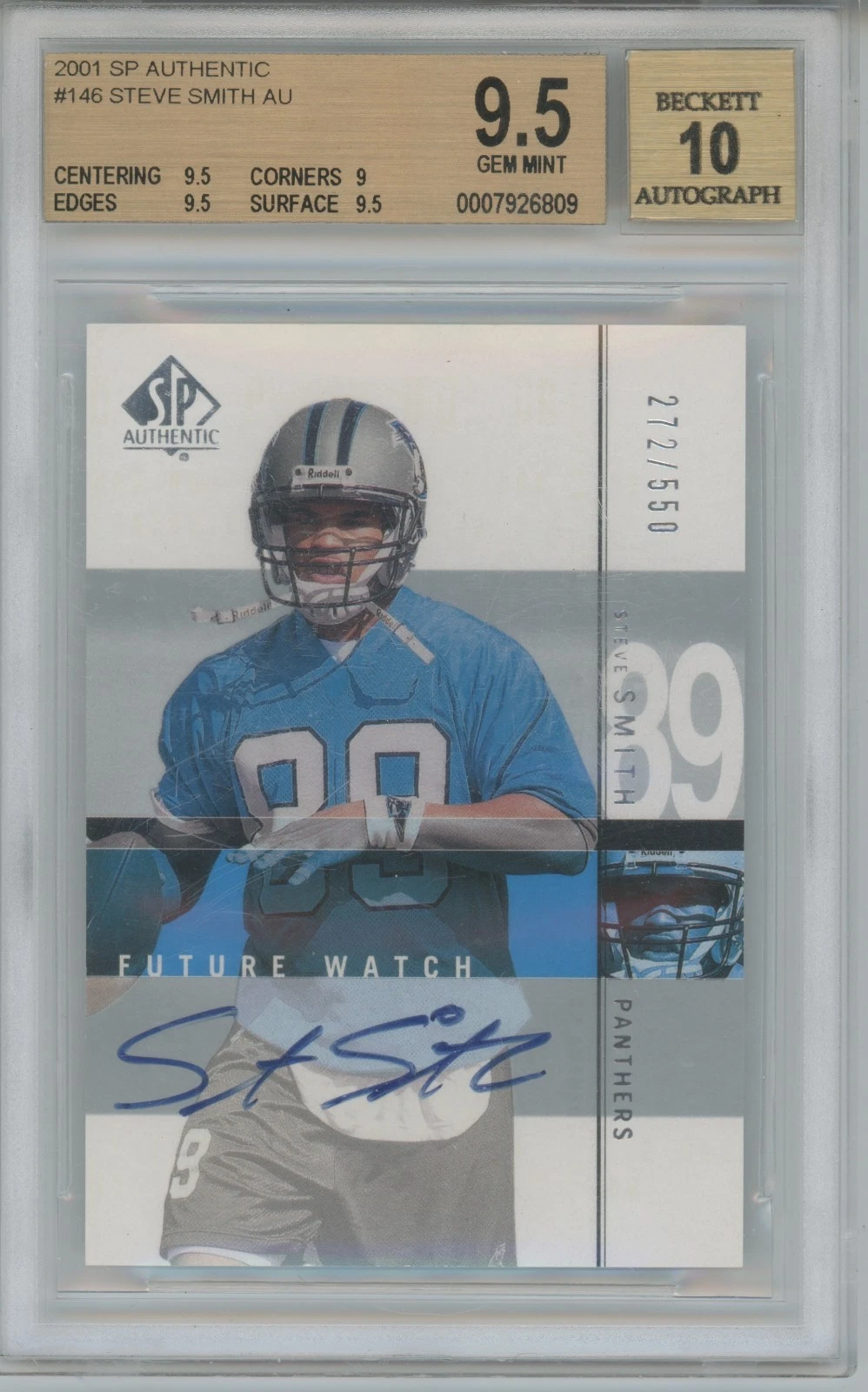 2001 SP Authentic Steve Smith RC Auto /550 BGS Gem Mint 9.5 Auto 10